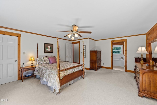 407 Howard Tant Rd, Zebulon, NC 27597 - bedroom featuring baseboards, ornamental molding, a ceiling fan, and light carpet
