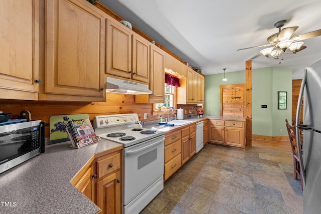 407 Howard Tant Rd, Zebulon, NC 27597 - kitchen featuring appliances with stainless steel finishes, a sink, stone finish floor, a ceiling fan, and under cabinet range hood