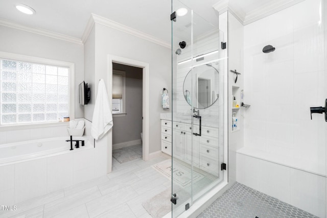 bathroom featuring a shower stall, crown molding, a garden tub, tile patterned floors, and toilet