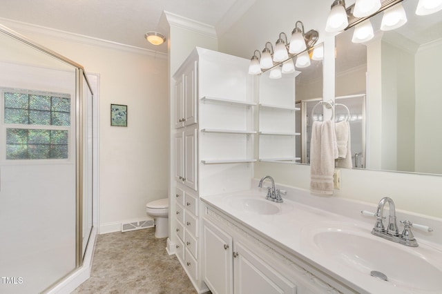 full bath featuring a shower stall, crown molding, and a sink