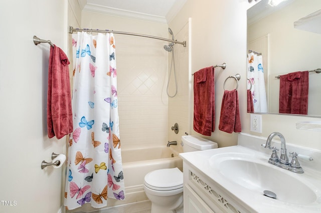 bathroom featuring crown molding, toilet, vanity, and shower / bathtub combination with curtain