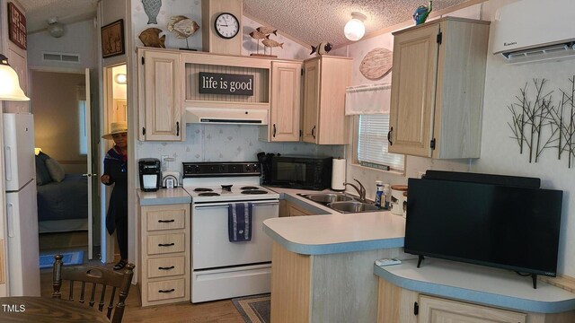 kitchen featuring black microwave, white range with electric cooktop, range hood, a textured ceiling, and a sink