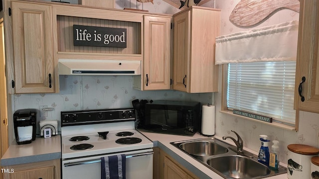 kitchen featuring black microwave, electric range oven, light countertops, a sink, and extractor fan