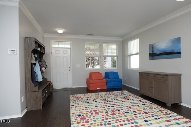 621 Childsberg Way, Hillsborough, NC 27278 - foyer featuring baseboards, ornamental molding, and dark wood-style floors