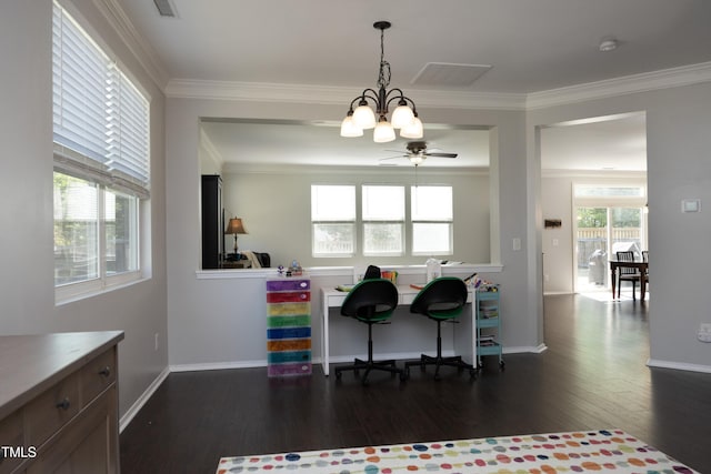621 Childsberg Way, Hillsborough, NC 27278 - interior space with baseboards, ornamental molding, wood finished floors, and ceiling fan with notable chandelier