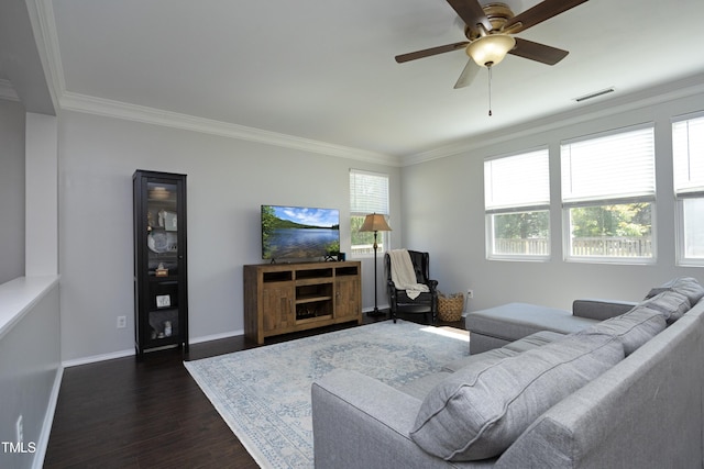 621 Childsberg Way, Hillsborough, NC 27278 - living room featuring visible vents, a ceiling fan, dark wood-type flooring, and crown molding