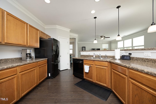 621 Childsberg Way, Hillsborough, NC 27278 - kitchen with crown molding, a sink, a ceiling fan, pendant lighting, and black appliances