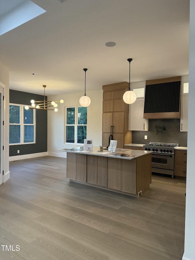 kitchen with tasteful backsplash, stainless steel range, ventilation hood, baseboards, and wood finished floors