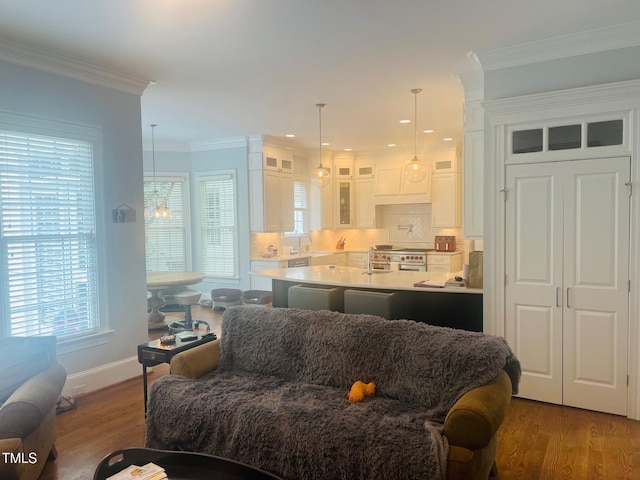 8729 Valentine Ct, Raleigh, NC 27613 - living area featuring dark wood-style floors, crown molding, and baseboards