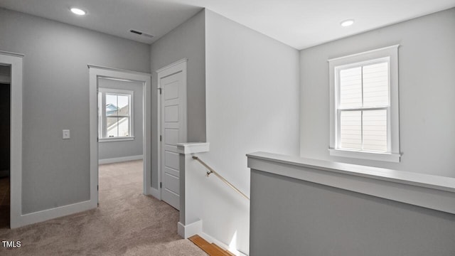 1733 Birdhaven Ln Lot 2217, Wendell, NC 27591 - hallway with an upstairs landing, carpet flooring, baseboards, and recessed lighting