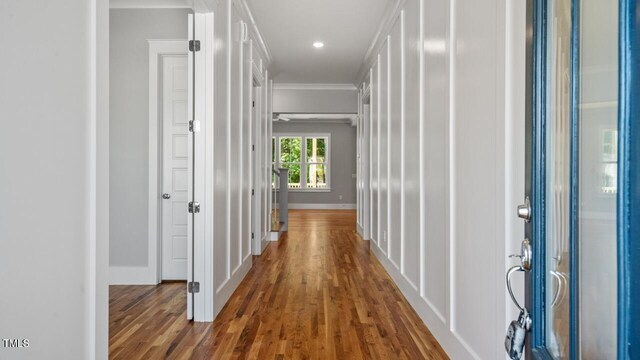 1733 Birdhaven Ln Lot 2217, Wendell, NC 27591 - hall with wood finished floors, ornamental molding, and recessed lighting