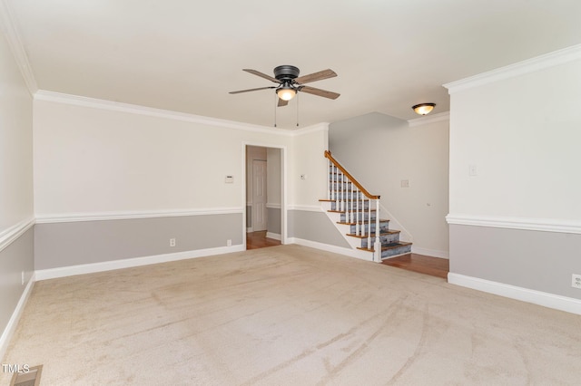 200 Weybossett Rd, Henderson, NC 27537 - empty room with carpet flooring, crown molding, stairs, a ceiling fan, and visible vents