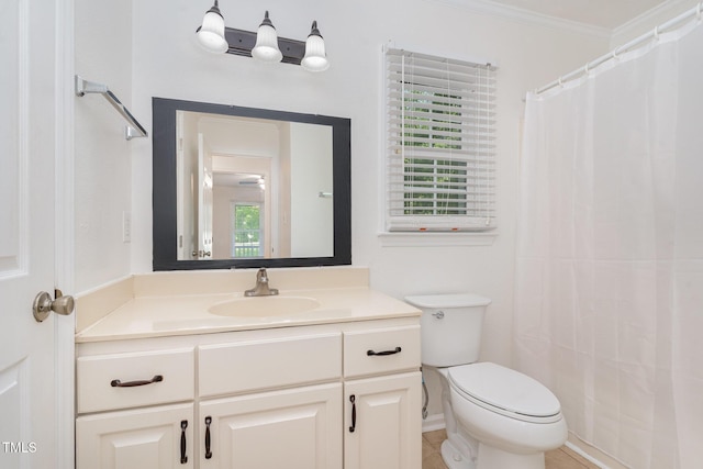 200 Weybossett Rd, Henderson, NC 27537 - full bathroom with vanity, a shower with shower curtain, crown molding, and toilet