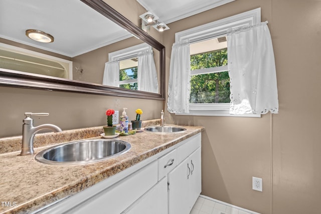 bathroom with double vanity, crown molding, baseboards, and a sink