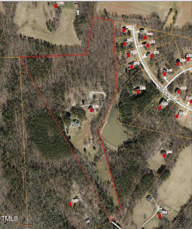 108 Cedarwood Dr, Louisburg, NC 27549 - aerial view of property's location with property boundaries highlighted