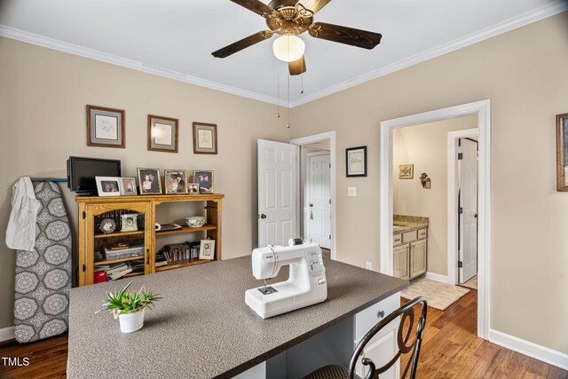 108 Cedarwood Dr, Louisburg, NC 27549 - office space featuring ornamental molding, light wood finished floors, ceiling fan, and baseboards