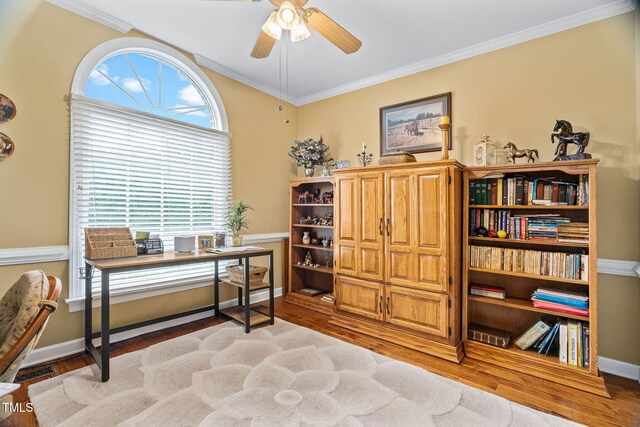 108 Cedarwood Dr, Louisburg, NC 27549 - office space with light wood-type flooring, a ceiling fan, ornamental molding, and baseboards