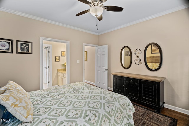 108 Cedarwood Dr, Louisburg, NC 27549 - bedroom featuring crown molding, baseboards, wood finished floors, a ceiling fan, and ensuite bathroom