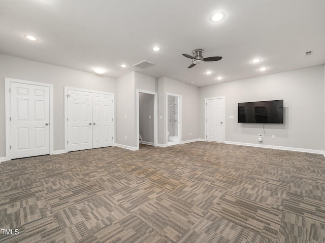 unfurnished living room with ceiling fan, carpet, baseboards, and recessed lighting