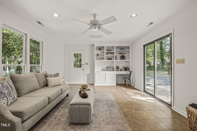 1605 Valley Run, Durham, NC 27707 - living room featuring healthy amount of natural light, recessed lighting, baseboards, and a ceiling fan