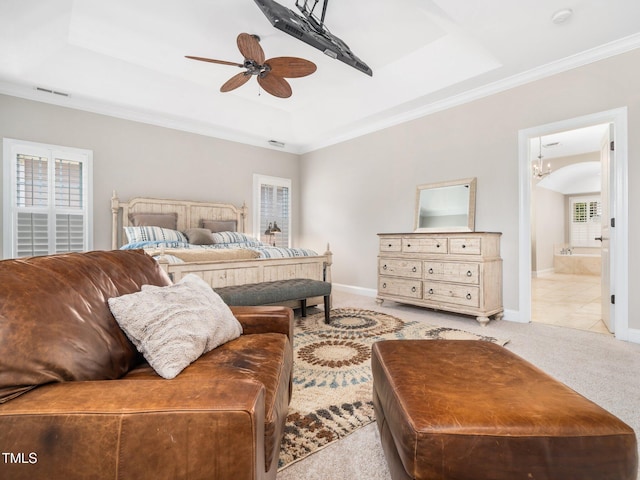 12424 Beauvoir St, Raleigh, NC 27614 - bedroom with carpet floors, a tray ceiling, crown molding, baseboards, and ensuite bath