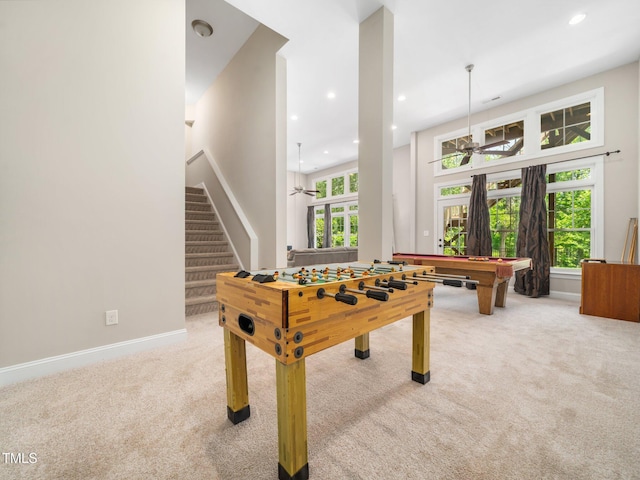 12424 Beauvoir St, Raleigh, NC 27614 - recreation room featuring carpet, plenty of natural light, recessed lighting, a ceiling fan, and billiards table