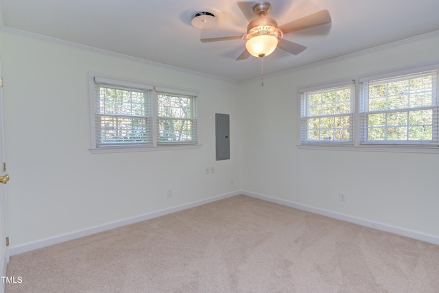 empty room featuring a wealth of natural light, ornamental molding, electric panel, and light carpet