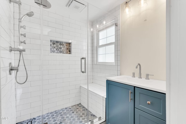 105 N 11th St, Erwin, NC 28339 - full bathroom with vanity, visible vents, and a stall shower