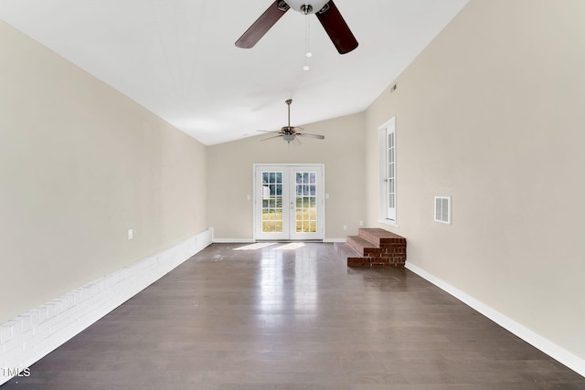 105 N 11th St, Erwin, NC 28339 - unfurnished living room featuring french doors, a ceiling fan, visible vents, vaulted ceiling, and wood finished floors