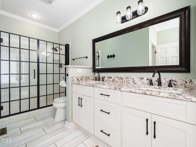 12823 Summerwind Trl, Rougemont, NC 27572 - full bath featuring ornamental molding, double vanity, toilet, and a shower stall