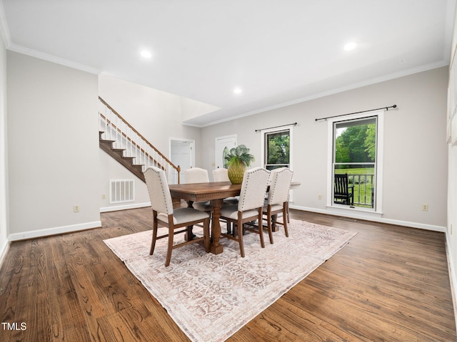 12823 Summerwind Trl, Rougemont, NC 27572 - dining area featuring stairway, crown molding, dark wood finished floors, baseboards, and recessed lighting