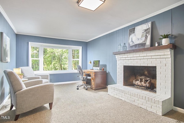 office area featuring crown molding, carpet flooring, baseboards, and a fireplace