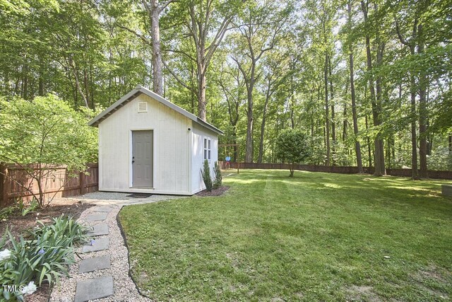 view of outbuilding featuring an outdoor structure and a fenced backyard