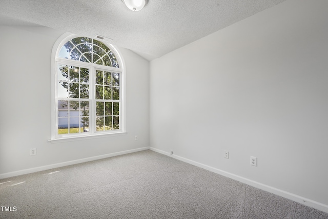 unfurnished room featuring baseboards, carpet, vaulted ceiling, and a textured ceiling