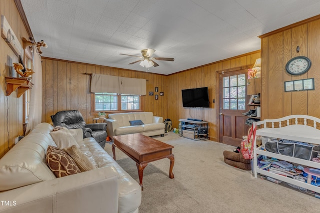 carpeted living area featuring wooden walls, crown molding, a ceiling fan, and a wealth of natural light