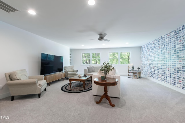 2517 Medway Dr, Raleigh, NC 27608 - living room with carpet flooring, recessed lighting, a ceiling fan, and visible vents