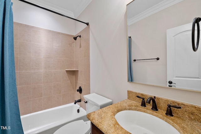 bathroom with crown molding, toilet, tub / shower combination, and vanity