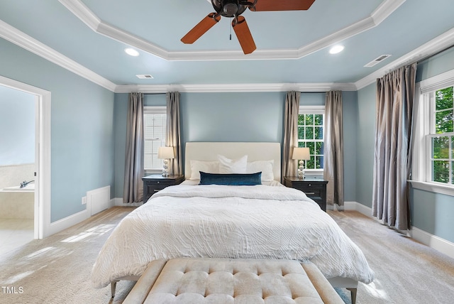bedroom featuring ornamental molding, carpet floors, recessed lighting, baseboards, and a ceiling fan
