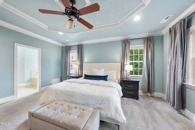 bedroom featuring light colored carpet, ornamental molding, recessed lighting, baseboards, and a raised ceiling