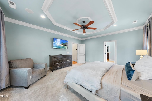 bedroom with ornamental molding, light carpet, recessed lighting, a raised ceiling, and ceiling fan