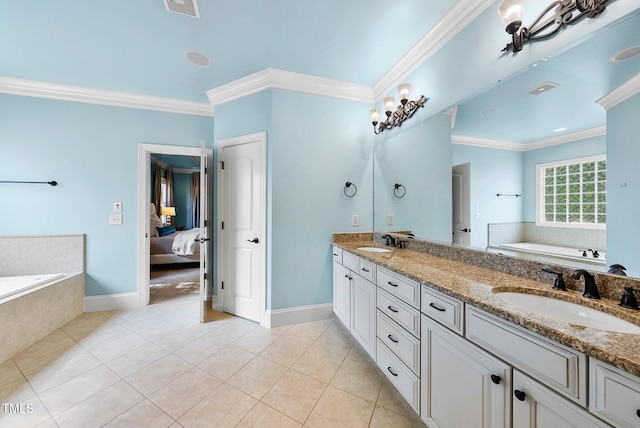 bathroom with ornamental molding, tile patterned floors, a bath, double vanity, and ensuite bath