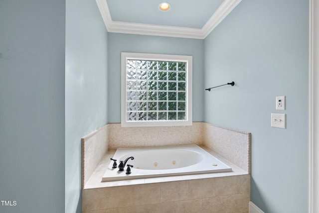 full bathroom with a jetted tub and ornamental molding