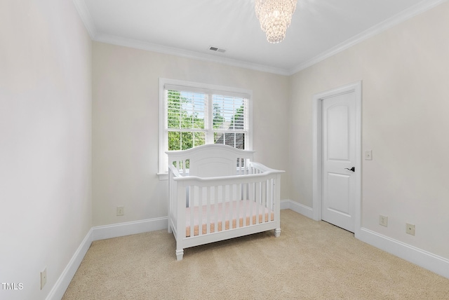 bedroom featuring a chandelier, carpet, ornamental molding, and baseboards