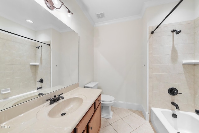 bathroom featuring tile patterned floors, shower / washtub combination, ornamental molding, vanity, and toilet