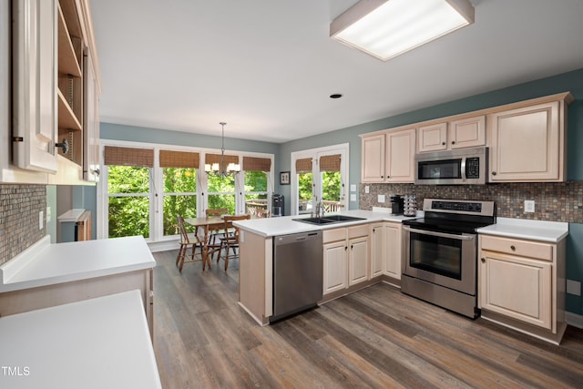 kitchen featuring a sink, appliances with stainless steel finishes, decorative backsplash, and a peninsula