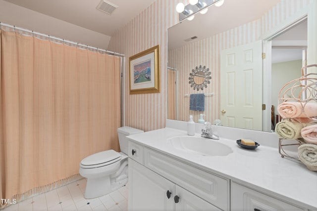 full bathroom with toilet, wallpapered walls, visible vents, and vanity