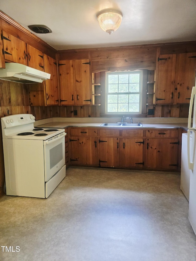 kitchen featuring electric stove, under cabinet range hood, open shelves, a sink, and brown cabinetry