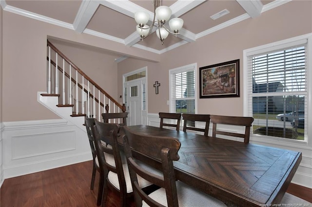 4258 Cherry Hill Ln, Fayetteville, NC 28312 - dining area with crown molding, a decorative wall, a chandelier, and visible vents