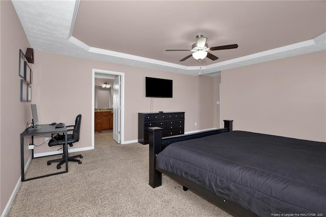 4258 Cherry Hill Ln, Fayetteville, NC 28312 - bedroom with baseboards, ensuite bathroom, a tray ceiling, and carpet flooring