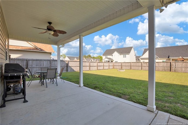 4258 Cherry Hill Ln, Fayetteville, NC 28312 - view of patio featuring ceiling fan, a residential view, outdoor dining space, and a fenced backyard